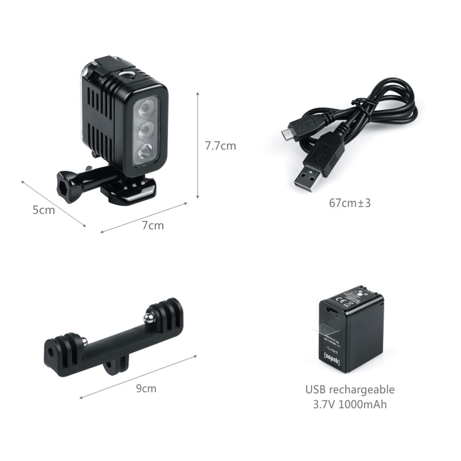 Yunseity Luz de Buceo para Gopro, Xiaomi Yi, Cámaras de Acción, Luz de Relleno de Luz Subacuática Regulable Impermeable de 147 Pies, Luz de Video LED Recargable por USB