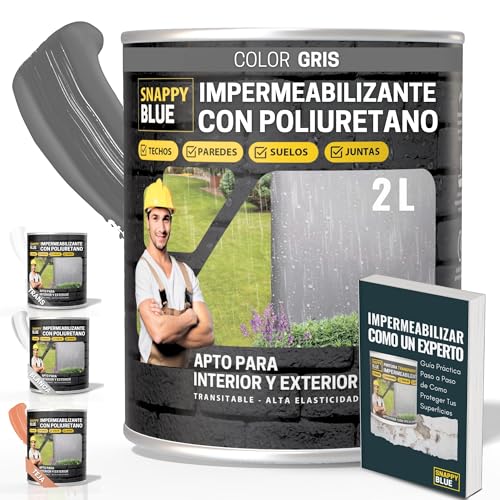[2L] Revestimiento Sellador Impermeabilizante Híbrida con Poliuretano, Pintura Impermeable Definitivo Terrazas, Techos y Exteriores, Protección Fugas Goteras, Transparente + 3Colores (Gris, 2l)