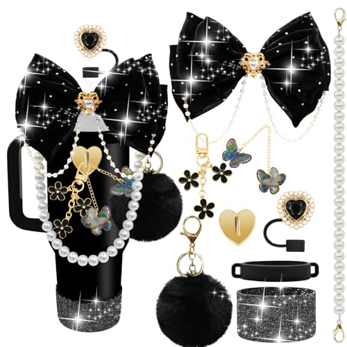 LBU Bling Stanley Cup Accessories for 40/30/20 oz Tumbler with Handle Including Glitter Bow Straw Topper Heart Straw Cover Pearl Water Bottle Handle Strap Boot Pom-Pom Keychain Charms(Black)