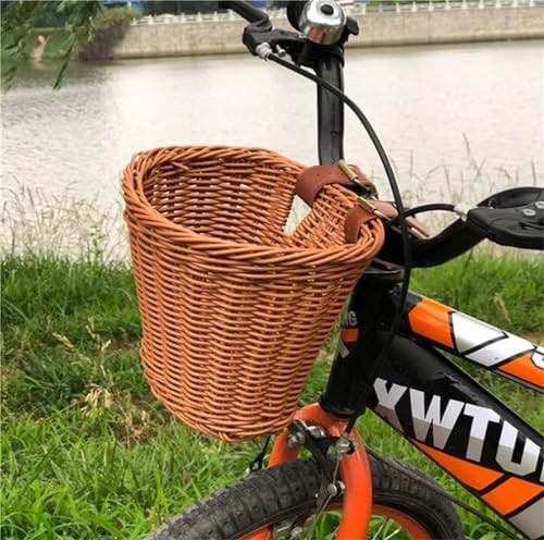 Fahrradkorb Rollerkorb Kinder Laufrad Vorderer Lenkerkorb Handgeflochtener aus Kunststoffgeflecht Bunt Vorne Abnehmbar, Geflochten aus Rattan Mit Lederriemen (Teal-klein)