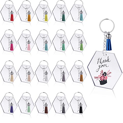 24 Pieces Christmas Acrylic Transparent Hexagon Discs Clear Acrylic Discs with 24 Pieces Key Chains and 24 Pieces Silver Tassel Pendant Keyring for DIY Projects and Crafts