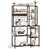 SUPERJARE Large Bakers Rack with Power Outlets, 6-Tier Microwave Stand, Coffee Bar with 12 S-Shaped Hooks, Kitchen Shelf with Wire Basket, 39.3 x 15.5 x 66.9 Inches, Vintage Brown