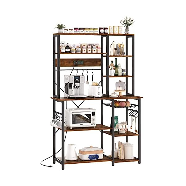 SUPERJARE Large Bakers Rack with Power Outlets, 6-Tier Microwave Stand, Coffee Bar with 12 S-Shaped Hooks, Kitchen Shelf with Wire Basket, 39.3 x 15.5 x 66.9 Inches, Vintage Brown