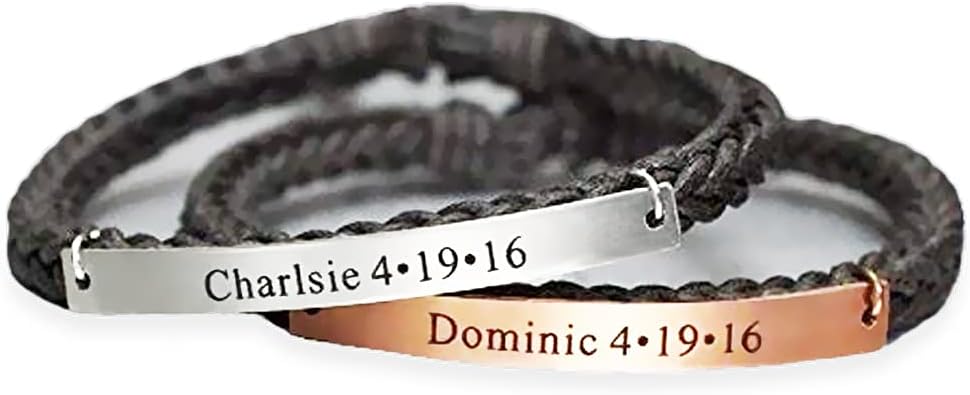 Couple Custom Bracelets, His and Her Name Engraved, In Memory of Anniversary Wedding Baby Birth Date, Grace Braided Cord Stainless Steel Copper Combination