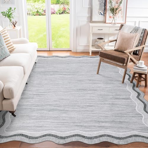 GarveeHome Scalloped Washable 5x7 Area Rugs for Living Room Modern Solid Rug for Bedroom Dining Room, Non Slip Scalloped Throw Rug with Rubber Backing, Soft Low Pile Dorm Nursery Carpet Grey 5x7