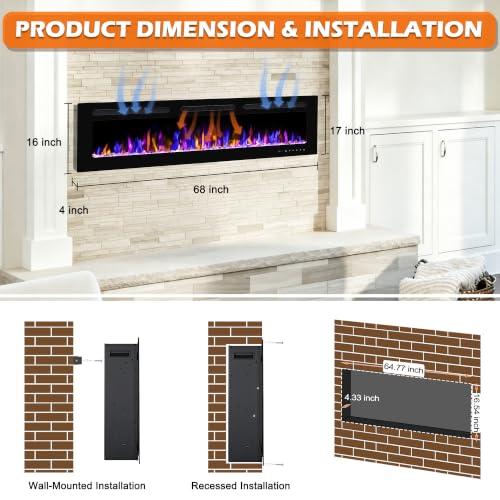 Image of BETELNUT 68 inch Electric Fireplace Wall Mounted and Recessed with Remote Control, 750 /1500W Ultra-Thin Wall Fireplace Heater W /Timer Adjustable Flame Color and Brightness, Log Set & Crystal Options