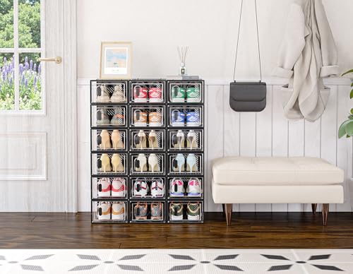 Image of SIMPDIY Shoe Storage, 12 Pack Shoe Organizer for Closet, Shoe Boxes Clear Plastic Stackable Shoe Containers with Lids for Size 10, Black