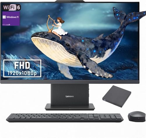 Image of Lenovo IdeaCentre 23.8 inch FHD All-in-One PC, AMD Ryzen 5 7535HS, 64GB DDR5 2TB PCIe SSD, Wi-Fi 6, Wireless Keyboard & Mouse + External 9H 6-in-1 DVD Drive, Windows 11 Home, Gray
