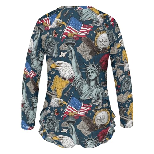 ALAZA Statue of Liberty Bird Map American Flag Girls One Piece Swimsuit Long Sleeve Rashguard Swimsuit UV 50+ Swimwear Zip3