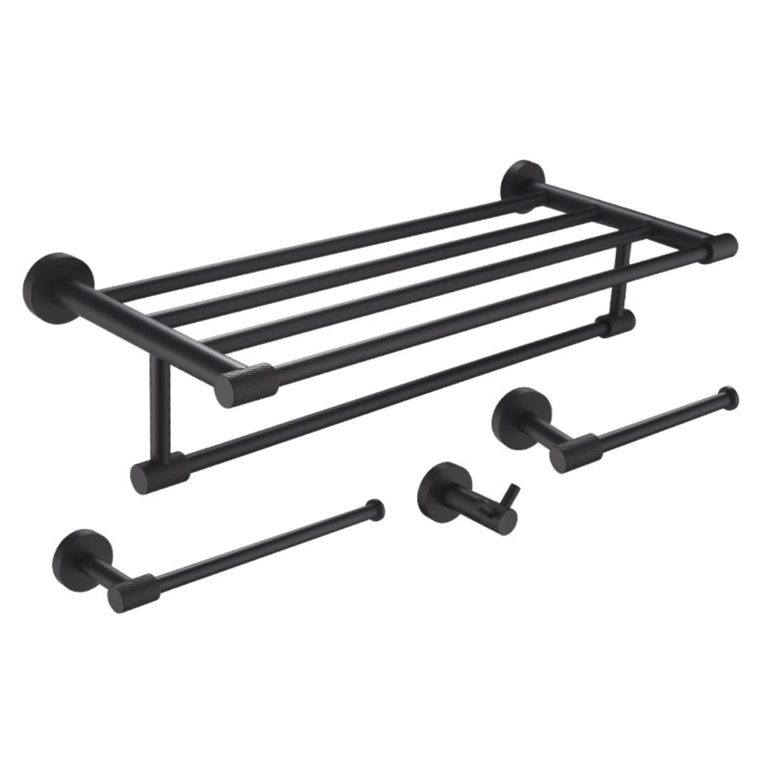 Ensemble de Salle de Bain Noir Mat en Acier Inoxydable 4 Pièces avec Porte-Serviettes
