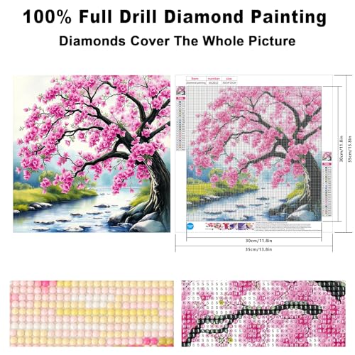 Image of Diamond Art Kits for Adults Landscape, 5D DIY Diamond Painting Kits for Adults Beginner, Pink Cherry Blossom Tree DIY Paint By Diamonds Dots with Gem Art for Home Wall Decor 13.8x13.8 inch
