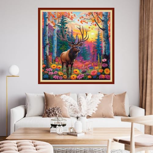 Image of Funchey Stamped Cross Stitch Kits, DIY Cross Stitch Pattern for Adults Beginners Needlepoint Kits Embroidery Kit Arts and Crafts 11CT-Forest elk 18x18 inchs