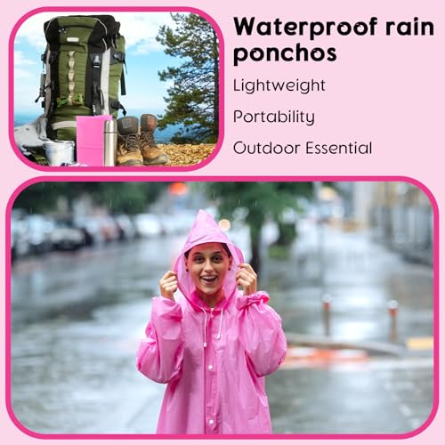 Jeere Pink Reusable Rain Poncho with Hood and Drawstring for Adults - Image 7