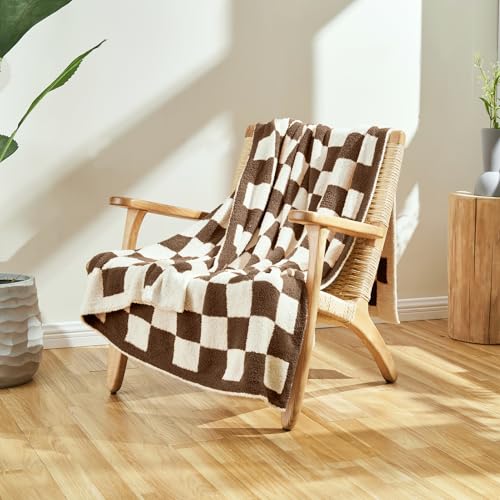 Image of CozeCube Brown White Reversible Checkered Knit Throw Blanket 50 inchx60 inch