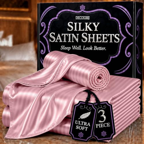 DECOLURE Satin Bed Sheets - 3 Piece Luxury Silky Twin Size Bedding Set - Softer Than Silk, Wrinkle-Free with 15” Deep Pocket Fitted Sheet, Perfect for Hair & Skin, Gifts for Women (Striped Pink)
