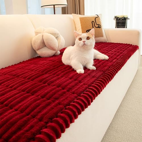 ELKOHA Plush Pet Couch Cover,Non-Slip Washable Dog Couch Covers Protector, Thick Corduroy Sofa Cover Pet-Friendly Blanket for Dogs and Cats (Red, 27.5x27.5 inch)