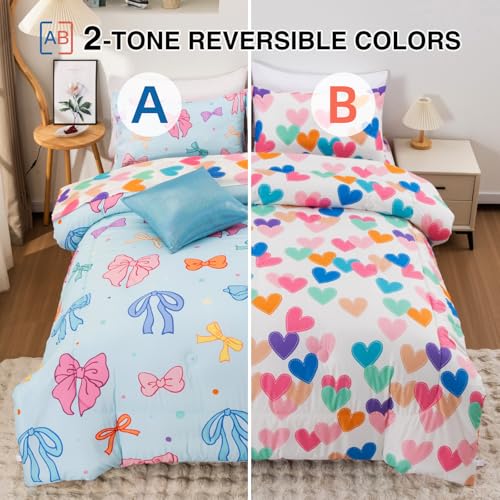 Image of A Nice Night Full Size Bed in A Bag Bow Comforter Set for Kids,Quilt Bedding Set with Bowknot & Chic Polka Dot Pattern,Blue Background Room Decor for Girls