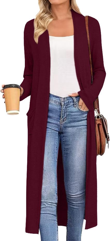 AYIFU Womens Maxi Cardigan Lightweight Long Sleeve Open Front Casual Cardigans Duster with Pockets