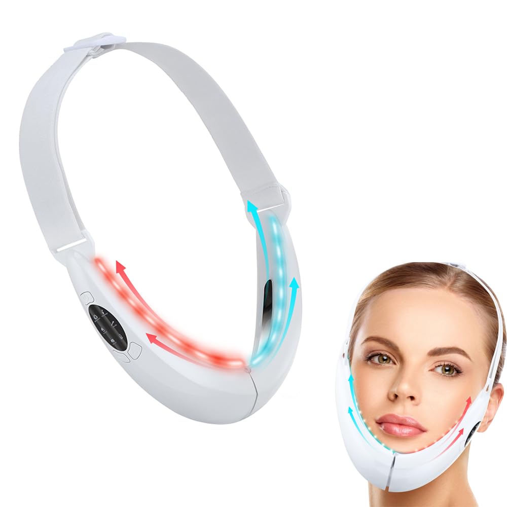 AILEDA Reductor de Papada Masajeador Facial Electrico, EMS Masajeador Facial Shapping con Caliente, Lifting y Reafirmante con Fototerapia Roja y Azul