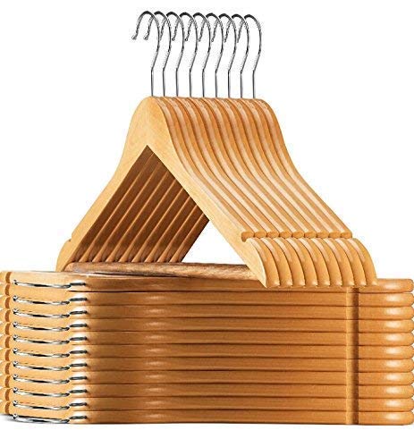 ANH MART Solid Wood Garment Hangers 360 Degree Swivel Chrome Hook -Natural Finish Super Sturdy and Durable Wooden Hangers 36