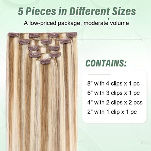 TESS Human Hair Extensions Clip in Real Hair Highlight Remy 5 Pieces Straight Natural Hairpieces for Women/Girls (#12P613 Golden Brown & Bleach Blonde - Image 2