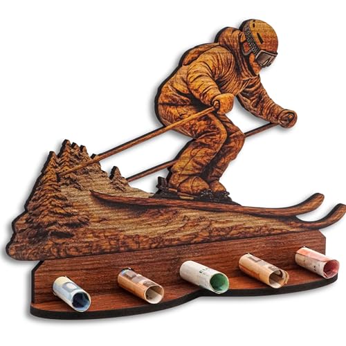 DRO Design Geldgeschenke Geschenkverpackung Holz-Optik Skifahren Motiv Bargeldgeschenk Geldpräsent Kreatives Geldgeschenk Geburtstag Hochzeit Weihnachten
