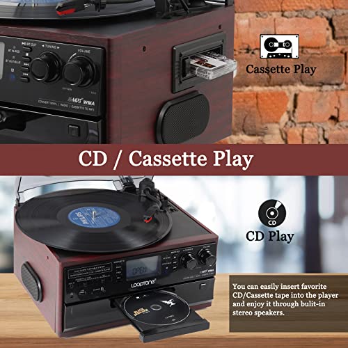 Looptone 10 In 1 Bluetooth In/Out Record Player 3 Speed Vinyl Vintage Turntable Cd Player Cassette Am/Fm Radio 2 Built In Speaker Usb/Sd Recorder Aux-In Rca Line-Out #TOP3