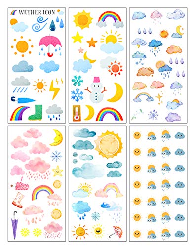 Lirener 6 Feuilles de Papier Washi DIY Bullet Journal Autocollant adhésif avec des Fleurs de Cerisier, Licorne et météo, Kids Craft Scrapbooking Cartoon Autocollant fixé pour Le Journal, d'album Cover