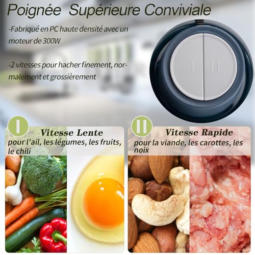 Hachoir Électrique, 300W Mixeur Hachoir 2L avec Moteur en Cuivre & Bols Acier Inox, 4 Lames Amovibles, 2 Vitesses Réglables food processor pour Viande/Légumes/Fruits/Cuisine – Image 3