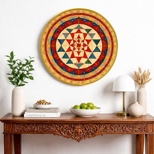 Image of Sri Yantra Mandala Vastu Round Framed Wall Art Painting For Living Room, Geometry Spiritual Wall Art Painting With Frame for Home, Meditation Room & Office, 16 Inch