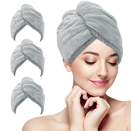 Suntee 3 Pack Microfiber Hair Towel Wrap, Super Absorbent Hair Drying Turban Towel, Quick Drying Hair with Button, Bath Caps for Women Curly, Long & Thick Hair (Gray)