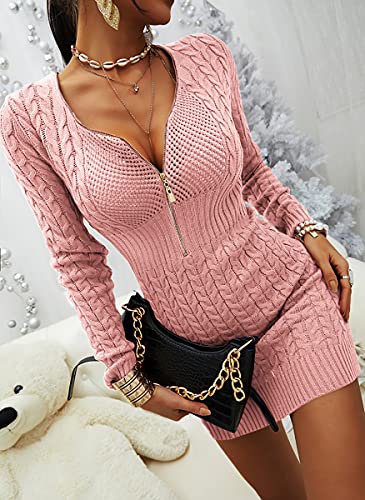 Image of Veatzaer Womens Zip V Neck Long Sleeve Cable Knit Mini Sexy Sweater Dressse | Casual,Slim Fit,Solid,2026 Fall Winter,Slim Fit,Long Sweater Dress,Half Zipper,Bodycon