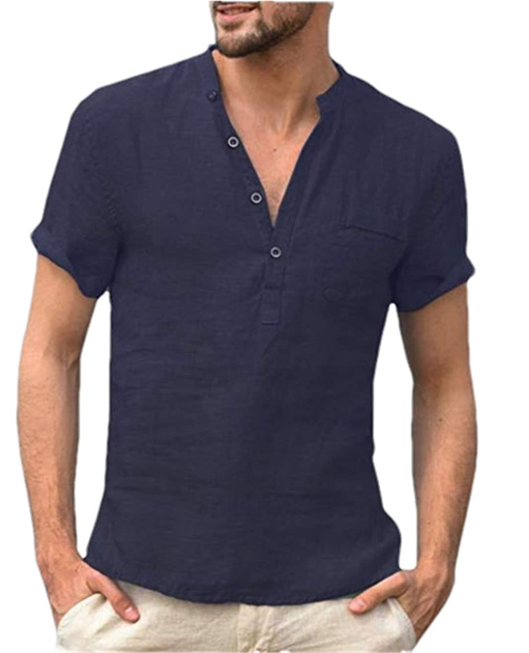 Camiseta de manga corta para hombre, de algodón y lino, informal, para hombre, azul marino, L