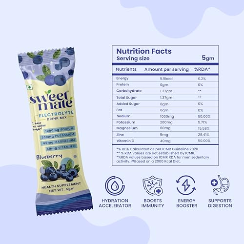 Image of Electrolyte Drink | Blueberry | 10 Sachets | Clean Hydration Formula | Sugar-Free | With Electrolytes for Post-Workout & Daily Use
