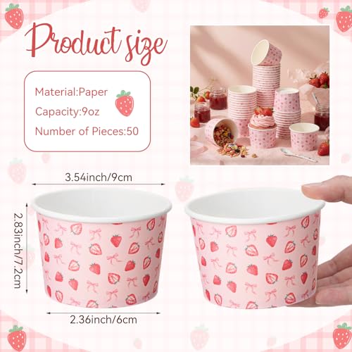 Image of Funnymoom 50 Pack Strawberry Ice Cream Cups 9 oz Bow Berry Sweet Disposable Dessert Bowls Pink Coquette Strawberry Paper Soup Bowls Snack Cups for Hot or Cold Food Baby Shower Wedding Birthday Party