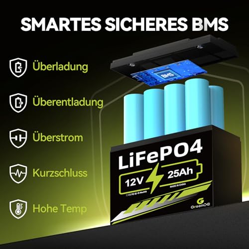 12V 25Ah LiFePO4-Batterie mit eingebautem 10A BMS, 3000+ Deep-Cycle-Lithiumbatterie, 10 Jahre Lebensdauer, einsetzbar für Solaranlage, Antriebsräder, Fischfinder, Outdoor-Camping, Roller