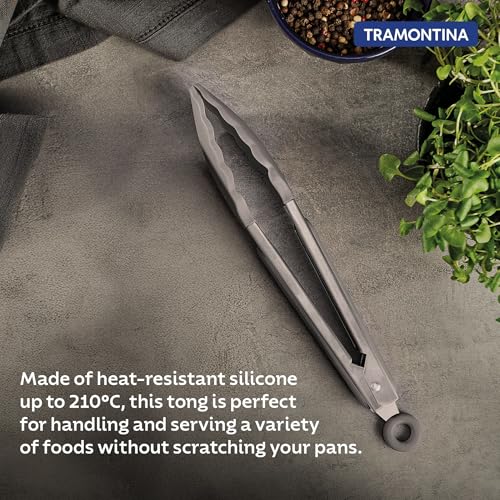 Image of Tramontina Softta Grey Silicone Multipurpose Tongs, 27cm - Heat Resistant up to 210C -Stainless Steel Handle with Pull-Ring Lock - Ideal for Grilling, Serving & Cooking