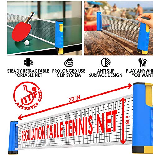 DOBESTS Table Tennis Set with Retractable Net, 2 Pro Ping Pong Paddle 6 Professional Game Balls Training Accessories Racket Bat Bundle Kit for Home Indoor or Outdoor (Orange-2)