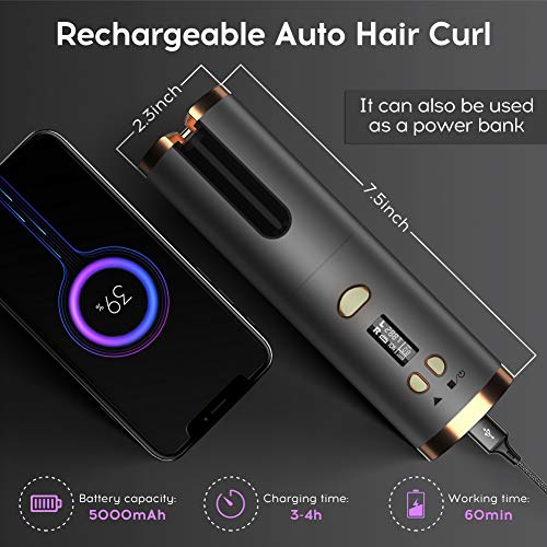 Cordless Hair Curler Automatic Curling Iron - Ceramic Rotating Hair Curler with 6 Temperatures and Timer Settings, Rechargeable Portable Hair Curling Iron Wand for Curls or Waves Anytime, Anywhere