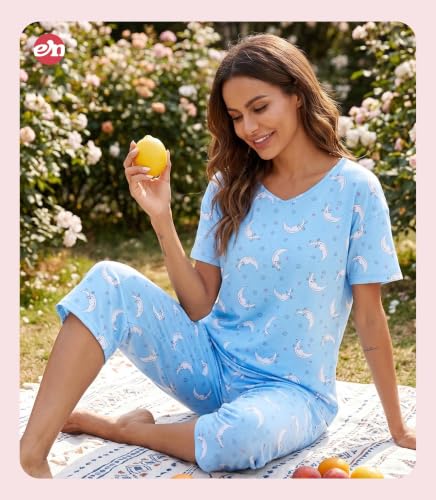 Image of ENJOYNIGHT Womens Pajama Sets Cotton Pj Set Short Sleeve Top With Capri Pants Sleepwear 2 Piece Lounge Set