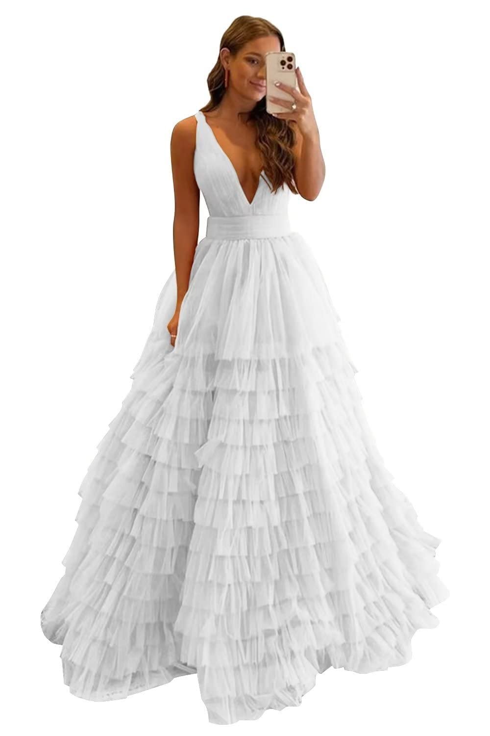 Womens Tiered Tulle Prom Dresses V Neck Backless Party Dress A-Line Layered Formal Evening Gowns
