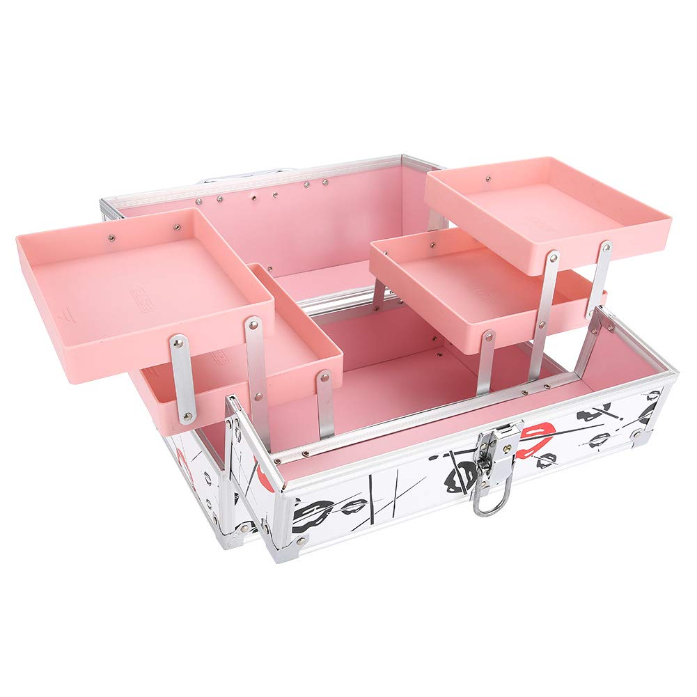 Jiawu Scatola Porta Cosmetici Portatile con Manico, Custodia Organizer per Trucco Donna di Grande capacità - Pelle PU e Alluminio, Custodia Multilivello per Gioielli, Resistente Alla Ruggine, 3