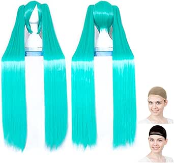 CaseEden コスプレ ウィッグ ロング 120cm ツインテール バンス付き エメラルドグリーン グリーン 青緑 ウィッグネット2個セット