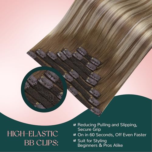 Image of Easyouth Clip in Hair Extensions Brown Balayage Remy Human Hair Clip in Extensions Chestnut Brown Balayage Platinum Blonde Silky Hair Extensions Clip ins Lightweight 14 Inch 7Pcs 80G