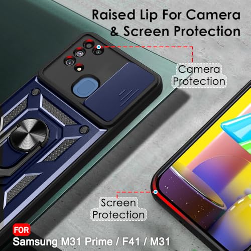 Image of TheGiftKart Tough Armor Bumper Back Cover Case for Samsung Galaxy M31 / F41 / M31 Prime | Ring Holder & Kickstand in-Built | 360 Degree Protection Back Case (PC & TPU, Sliding Camera Cover, Blue)