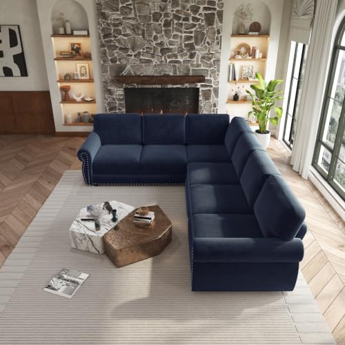 Image of KCGKCG 118 inch Sleeper Sofa Bed, Sectional Couches for Living Room /Apartment, Chenille L Shaped Couch with Pull Out Couch Bed, Convertible Sectional Sofa with Rolled Arm & Nailhead Trim, Blue