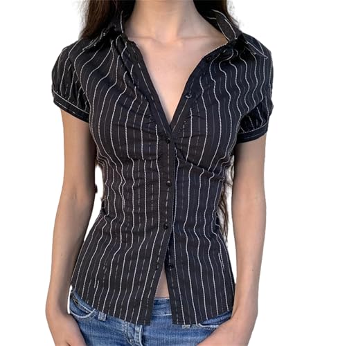 Y2k Girls Vintage Coquette Button Down Shirt Women Short Sleeve V-Neck Slim Fitted T-Shirt Cute Blouse Crop Top