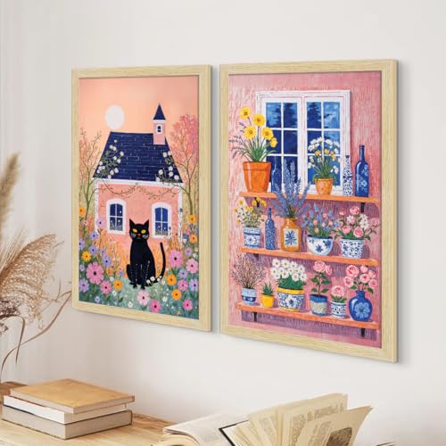 Image of ArtX Paper Boho Cat Art Paintings with Frame for Home Decor, Abstract Wall Painting for Living Room, Multicolor, Natural Wood Color Frames, 12.0 x 18.0 inch, Set of 2