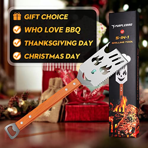 Purplebird Grill Spatula For Outdoor Grill, 5 In 1 Grilling Tools 16" Long Bbq Spatula With Wooden Handle, Father's Day Gifts, Gifts For Men #TOP6
