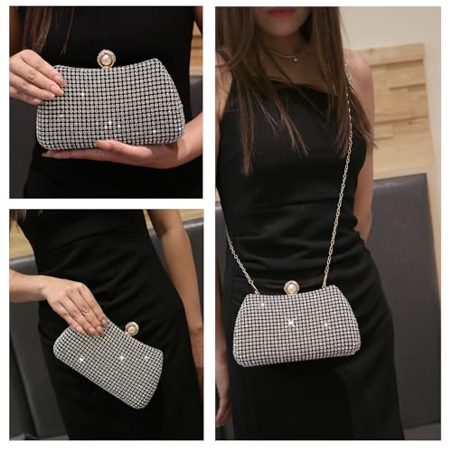 Image of Women's Sparkly Rhinestone Clutch Purse Evening Shoulder Bag | Crystal Glitter Sequin Handbag With Handle & Chain, Convertible Crossbody Bag For Bridal Wedding Party Prom or Formal Events